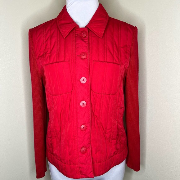 Sigrid Olsen Sweater Jacket MEDIUM Petite Red Puffer Ribbed Button Down Winter - Picture 1 of 8